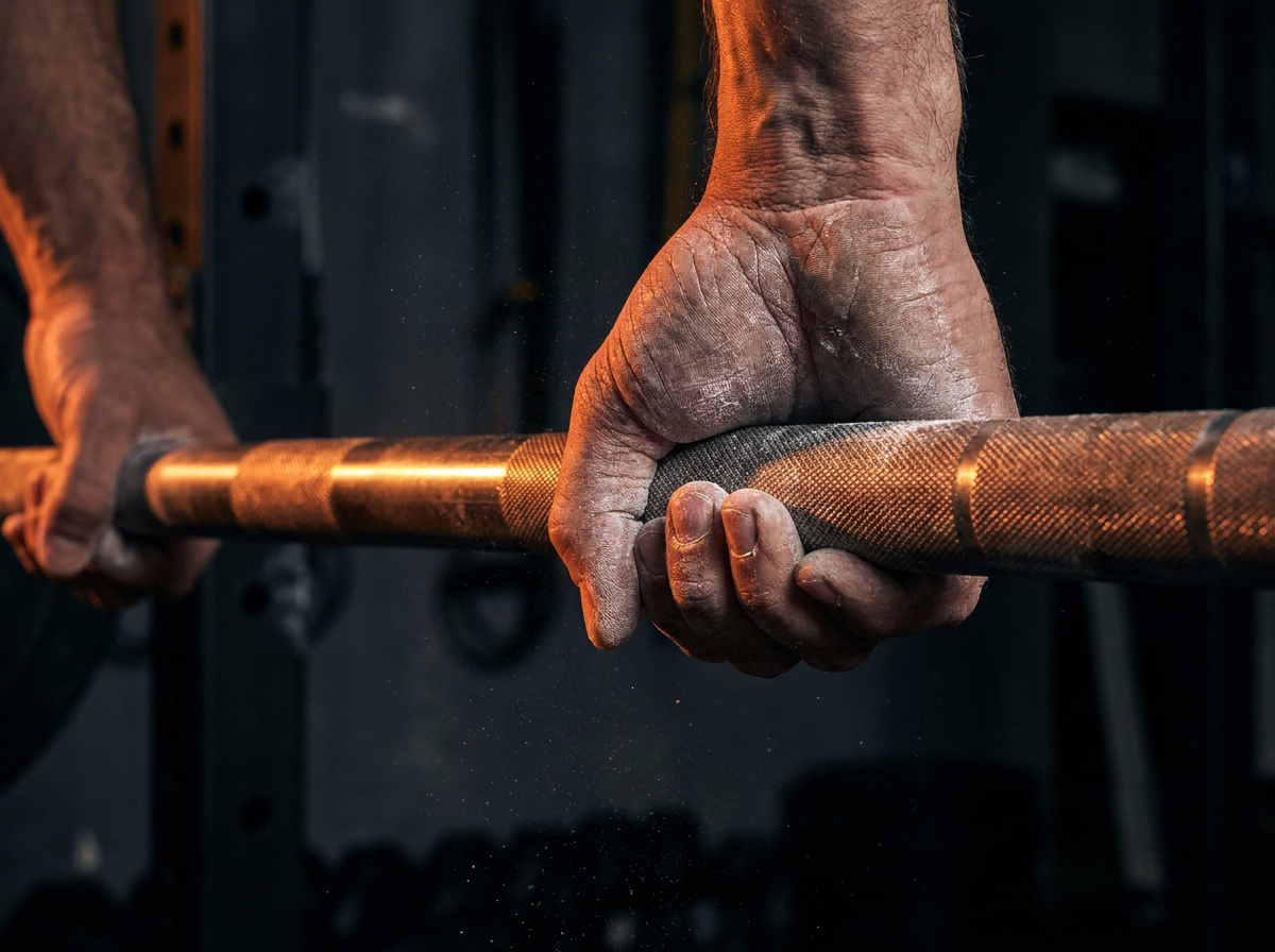 Chalked hands gripping a knurled barbell