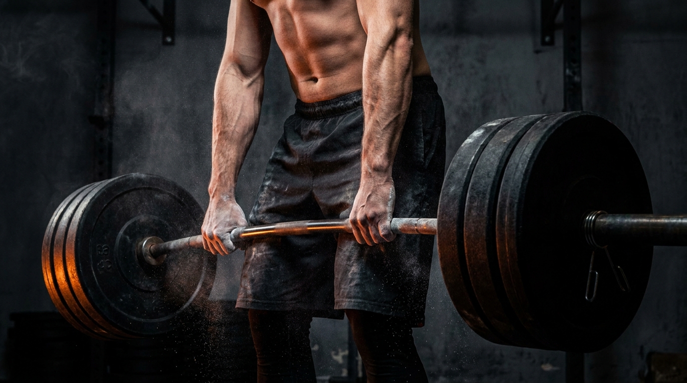 A lifter under tension on a loaded barbell in a low-lit platform gym